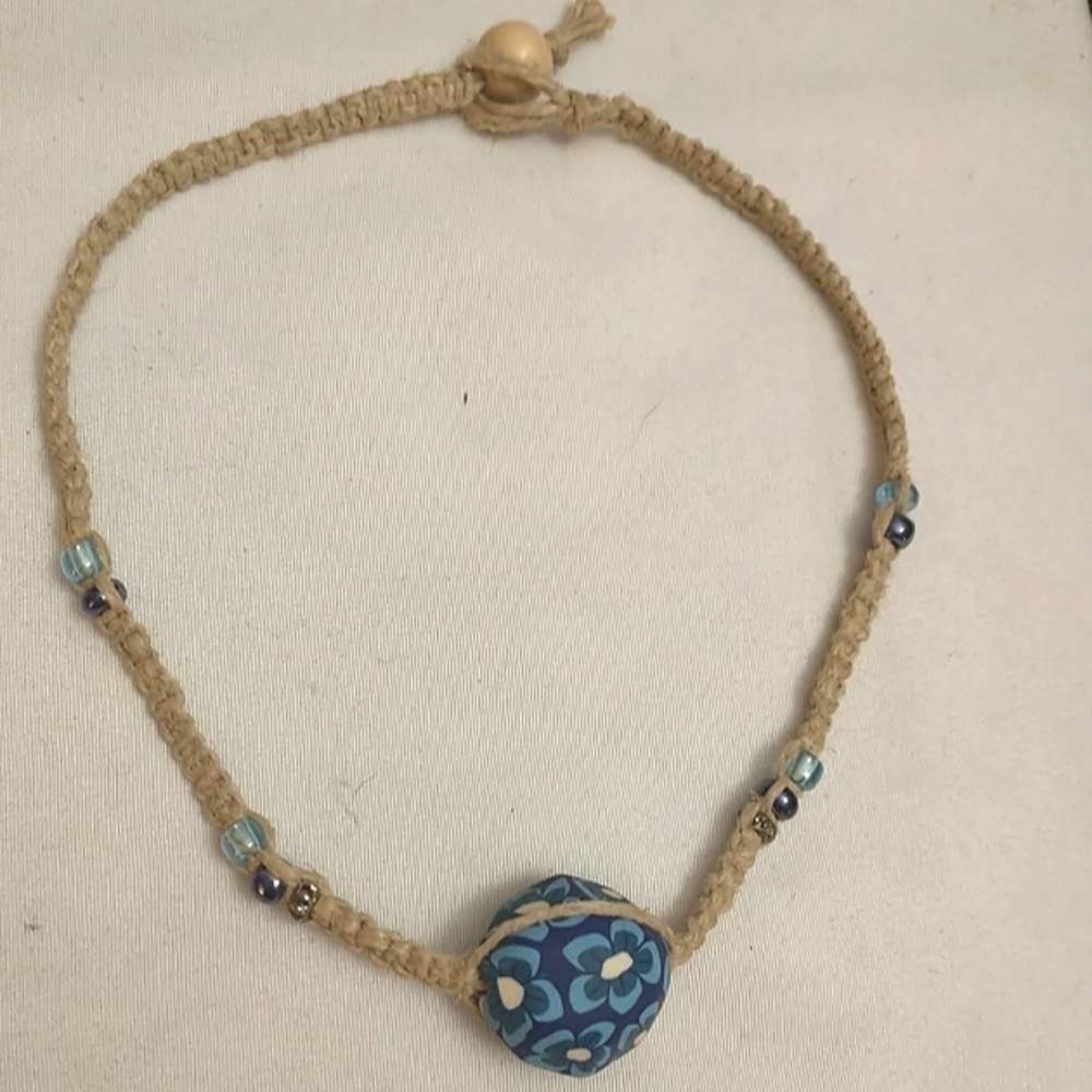Handmade Hippie Boho Hemp Choker Necklace Blue Flower Milefiori Fimo Clay Bead - Picture 2 of 6